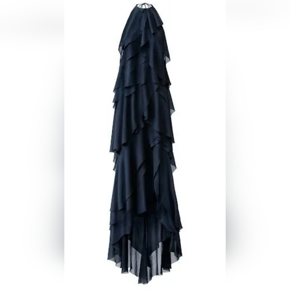 H&M Navy Tiered Maxi Dress 4 Asymmetrical Conscious Exclusive Rare Wedding